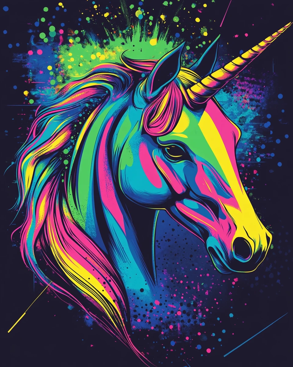 Lebendiges Pop-Art-Einhornporträt in neonleuchtenden Farben