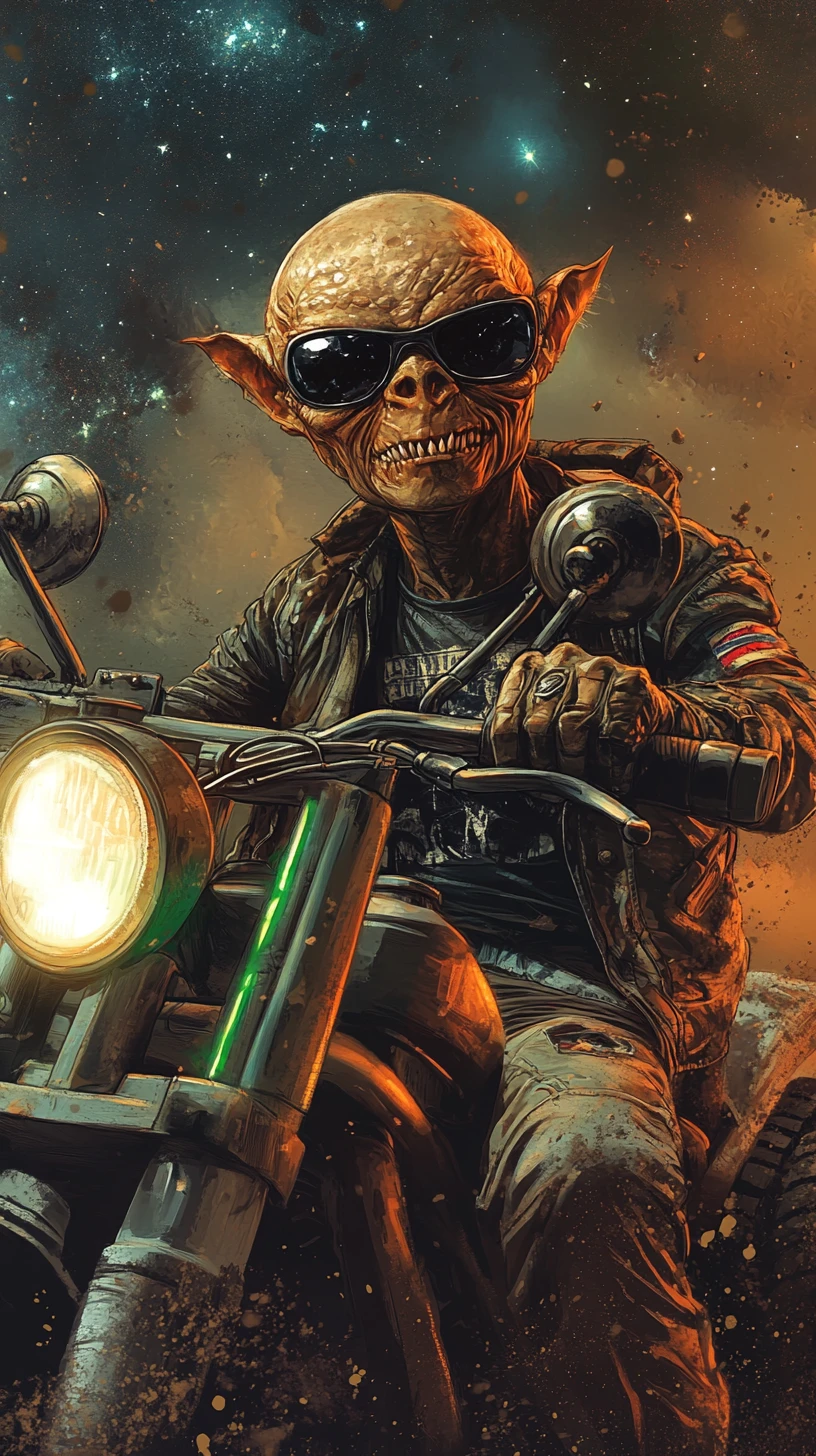 Alien fährt einen robusten Jeep direkt auf den Betrachter zu