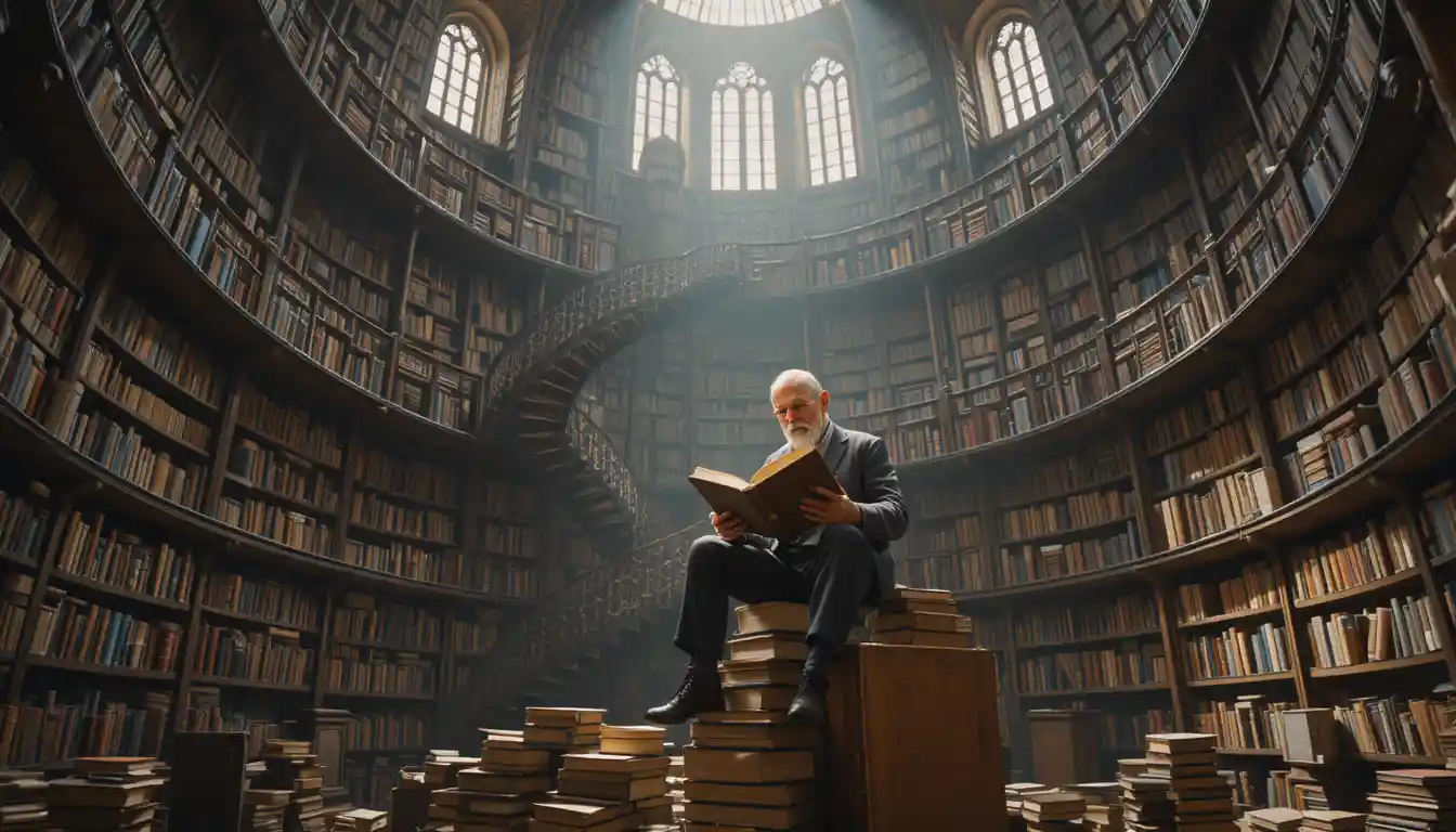 Idoso lendo sobre uma pilha de livros em uma vasta biblioteca antiga