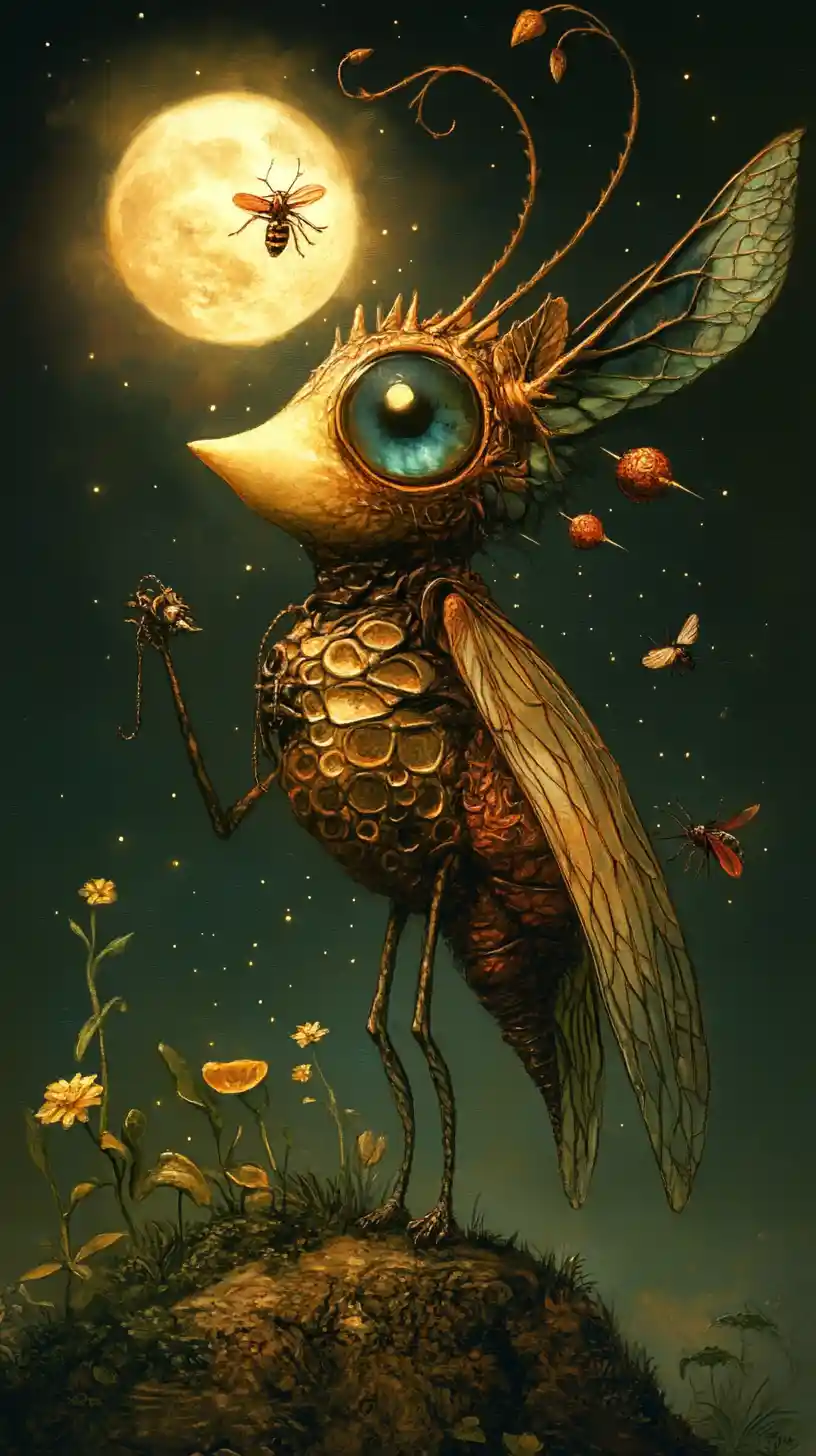 Elfo surreale che vaga in un paesaggio fantasy nebbioso al chiaro di luna