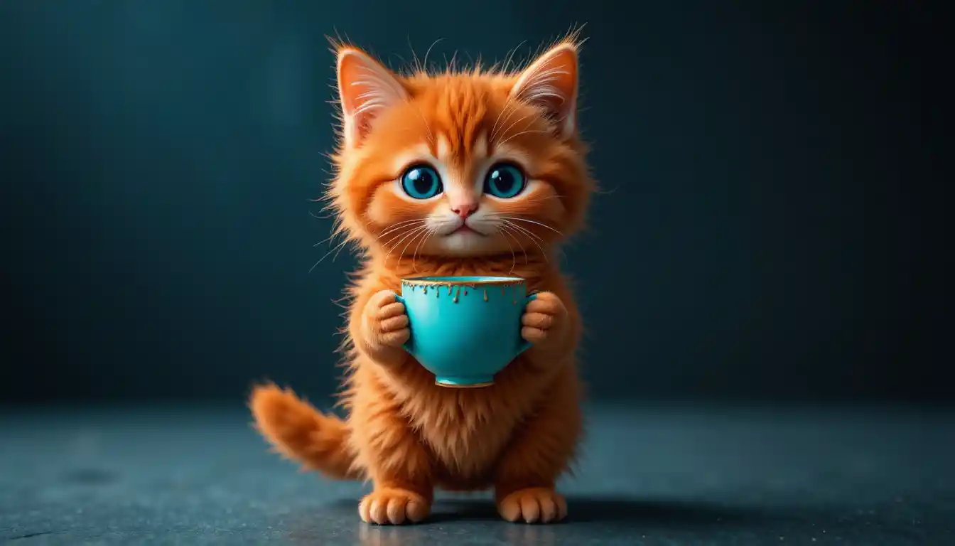 Niedliches rotes Kätzchen, das eine türkisfarbene Teetasse aufrecht hält