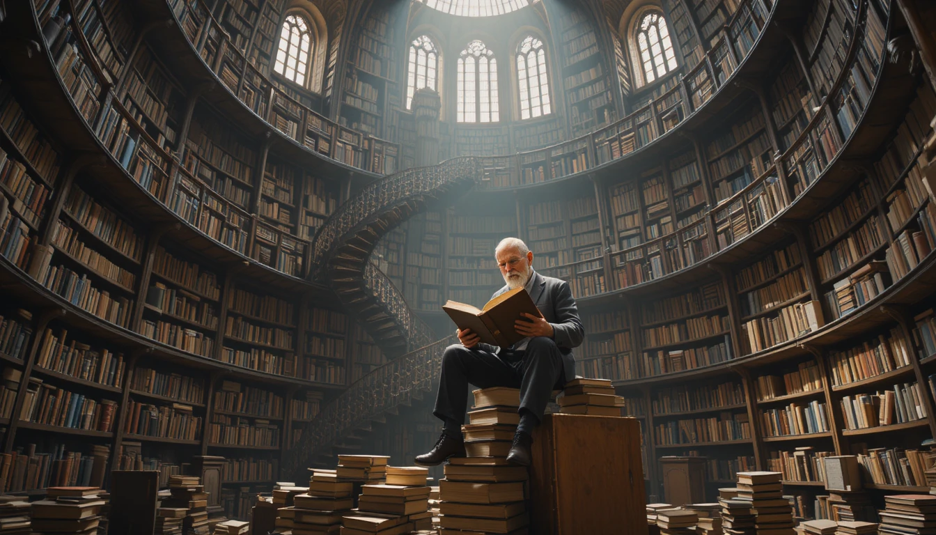 Idoso lendo sobre uma pilha de livros em uma vasta biblioteca antiga