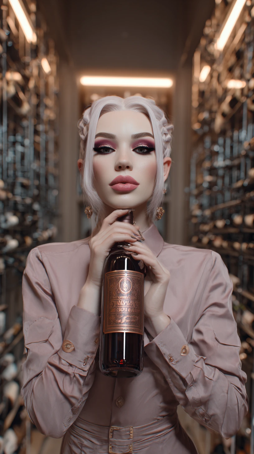 Copper haired woman reading a wine bottle in racks