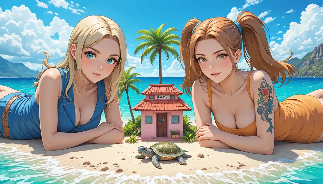 Two giant anime women relaxing on a tiny tropical island