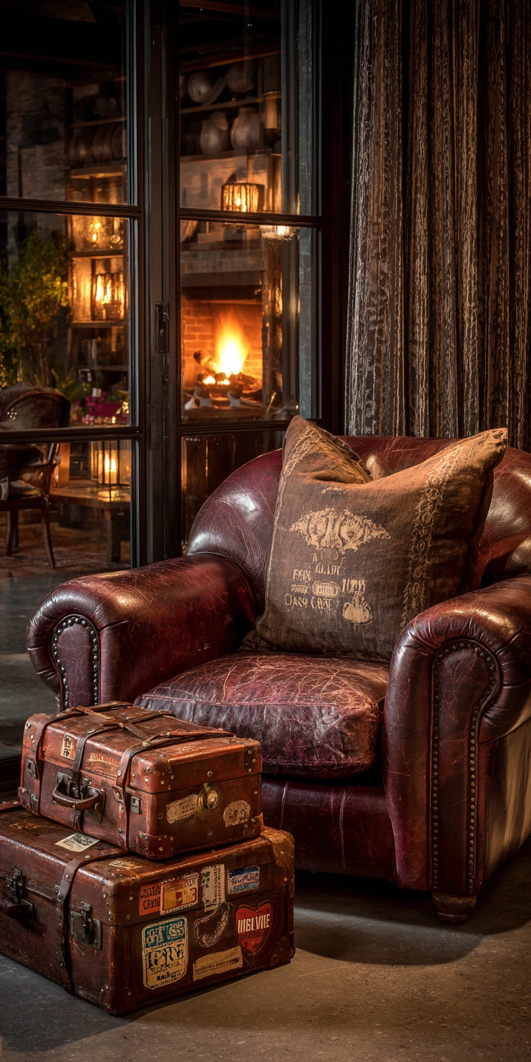 Cozy cigar room with leather armchair and vintage suitcases