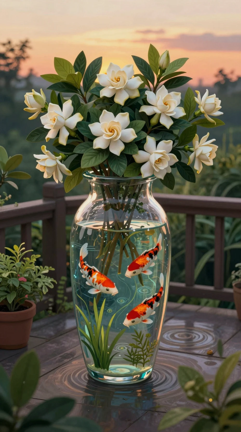 Veranda al atardecer con jarrón de gardenias y diminuto mundo de koi