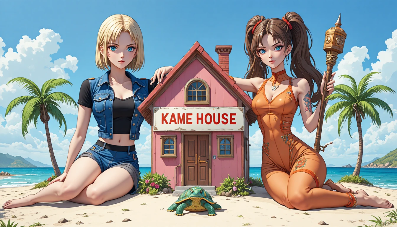 Riesige Anime-Mädchen entspannen neben kleinem Haus auf Insel
