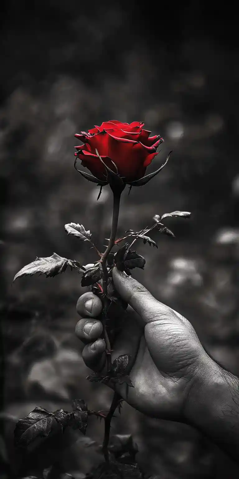 Mano in bianco e nero che tiene una singola rosa rossa