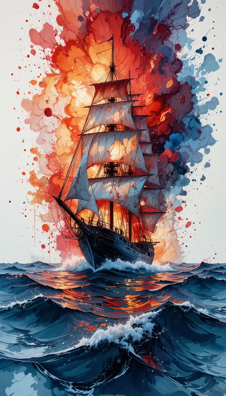 Pintura en primer plano de un velero de noche en el mar