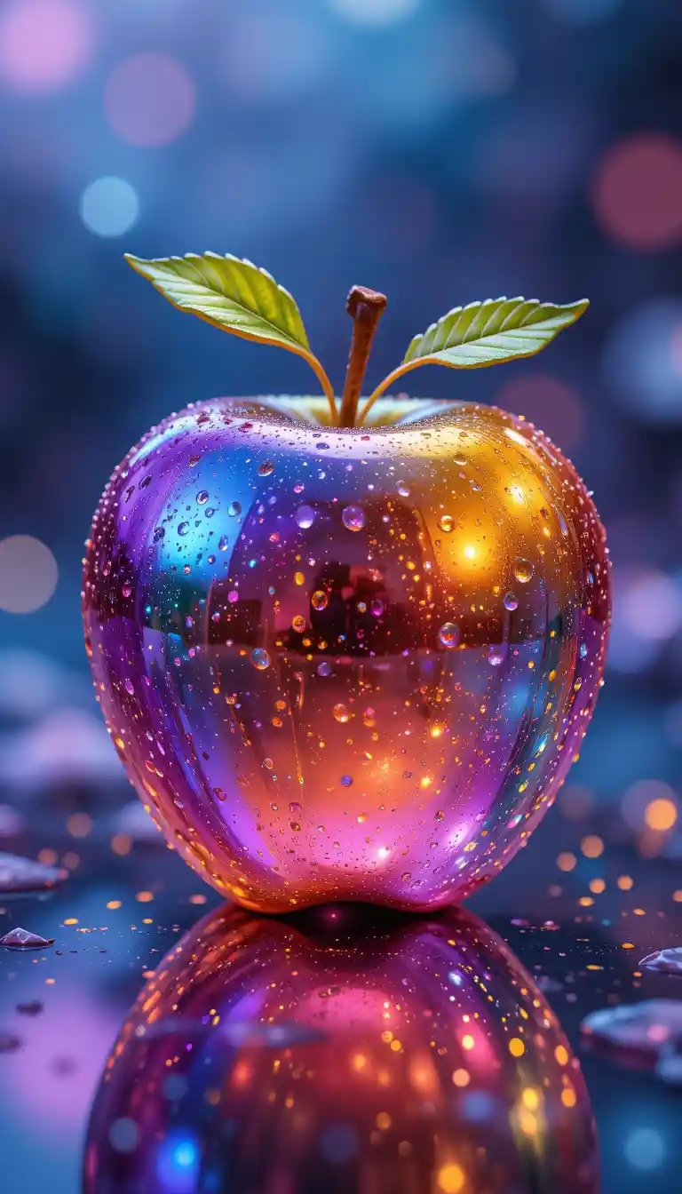 Leuchtender Regenbogen-Glasapfel auf reflektierender Oberfläche