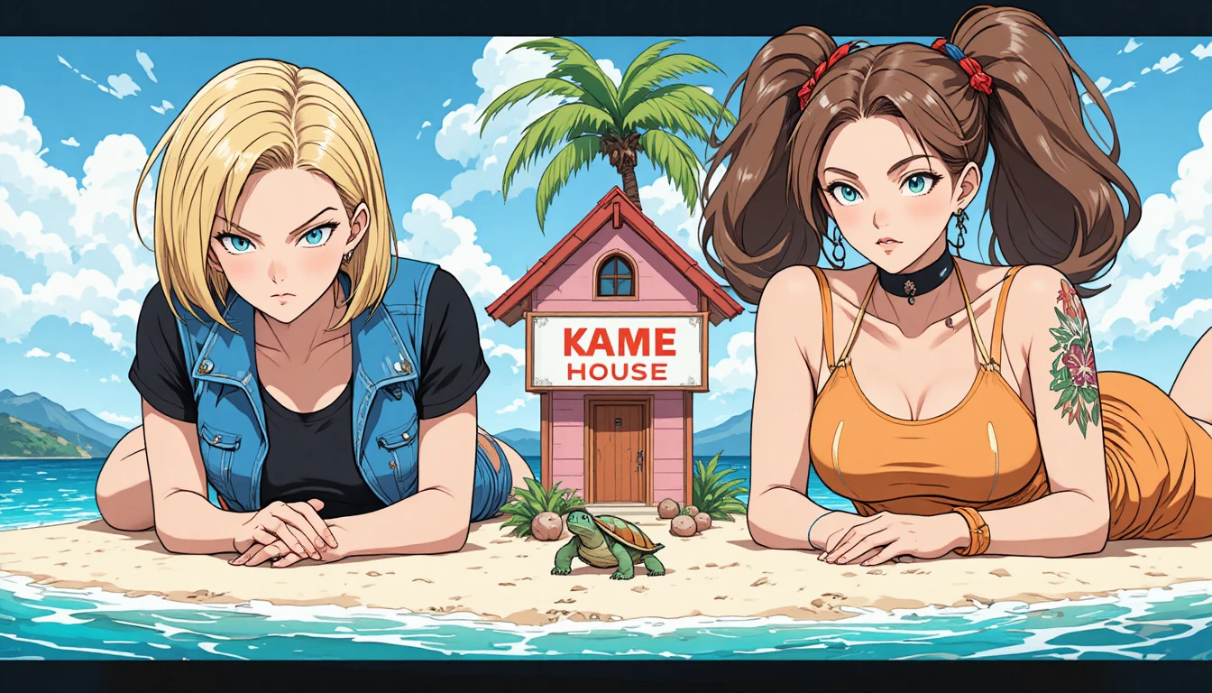 Dos mujeres gigantes de anime en una diminuta isla tropical