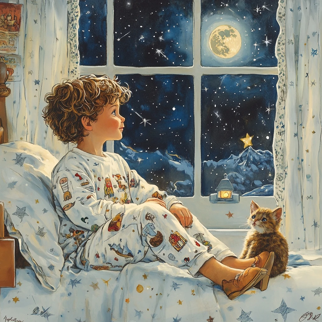 Niño colocando sus zapatos junto a la ventana en una noche de luna