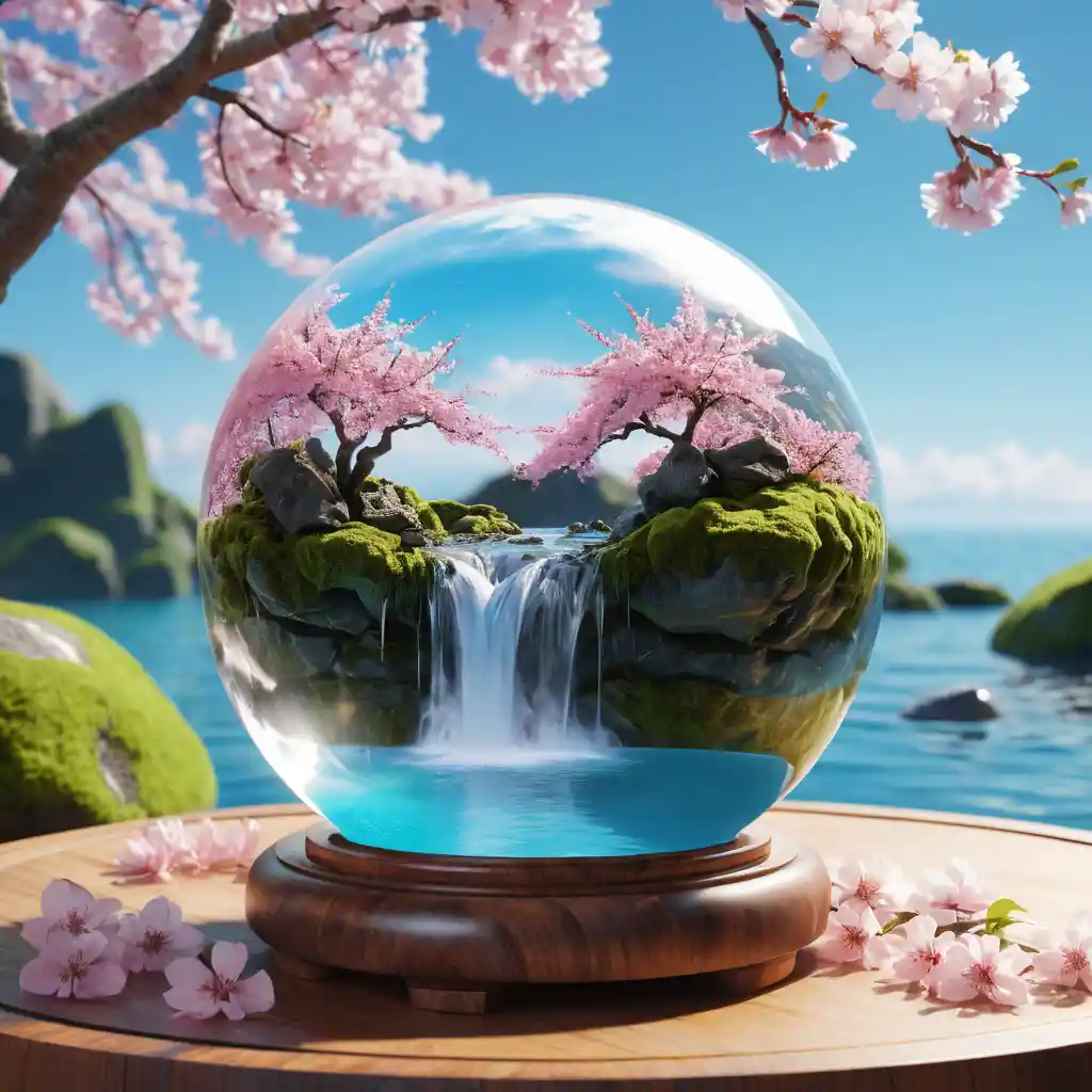 Surreale Kristallkugel mit Wasserfällen und Kirschblüten