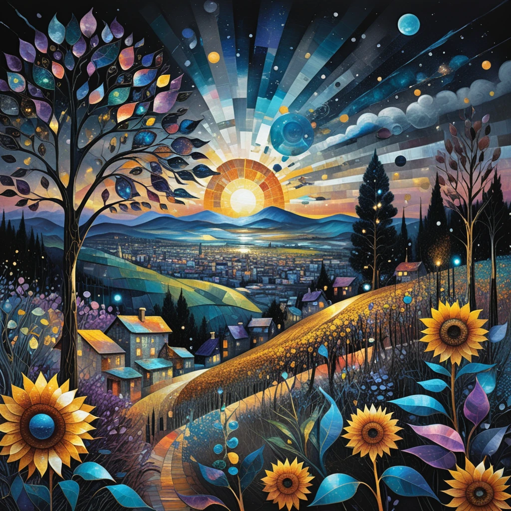 Paisagem abstrata em patchwork ao pôr do sol dourado com flores