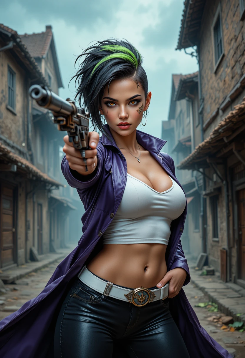 Guerrera británica furiosa apuntando con una pistola en calle de casco antiguo