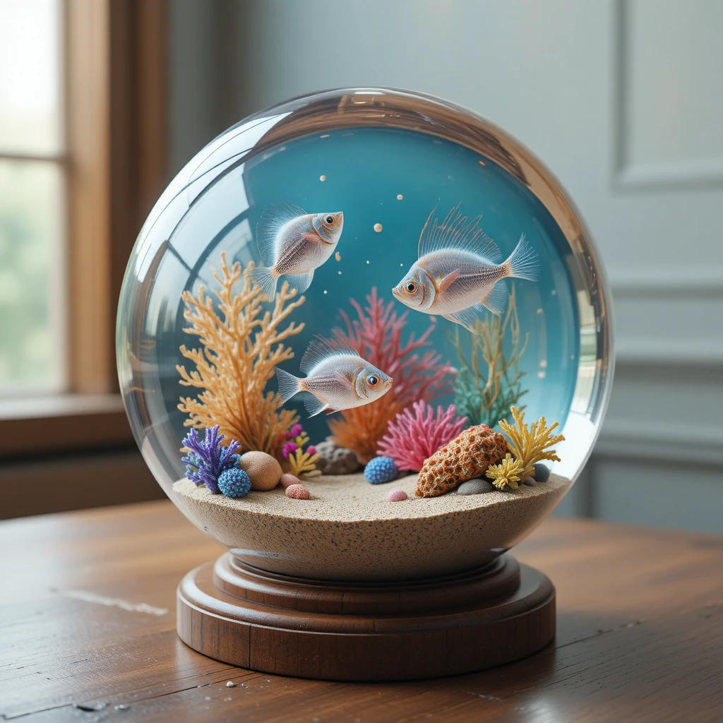 Peixes surreais nadando dentro de uma bola de cristal transparente