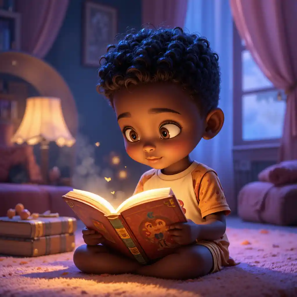 Niño africano leyendo un libro brillante en ilustración 3D