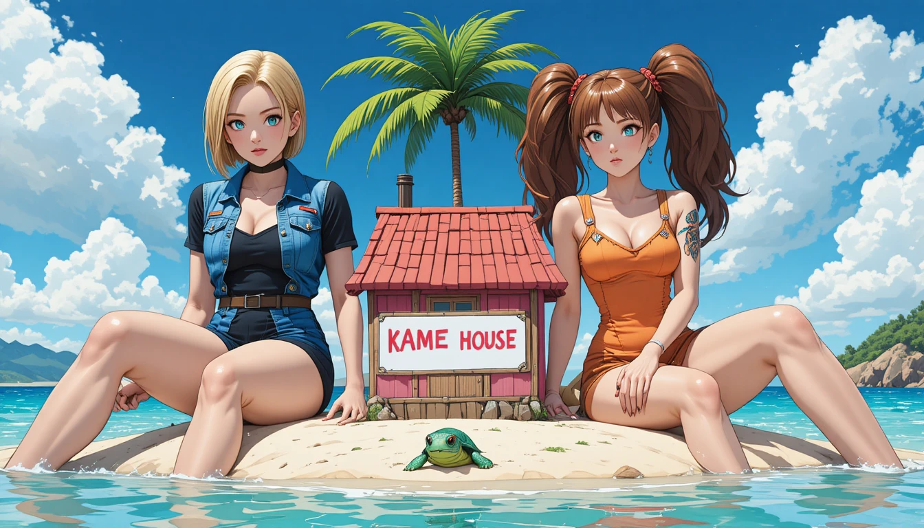 Due donne giganti in stile anime su una minuscola isola tropicale