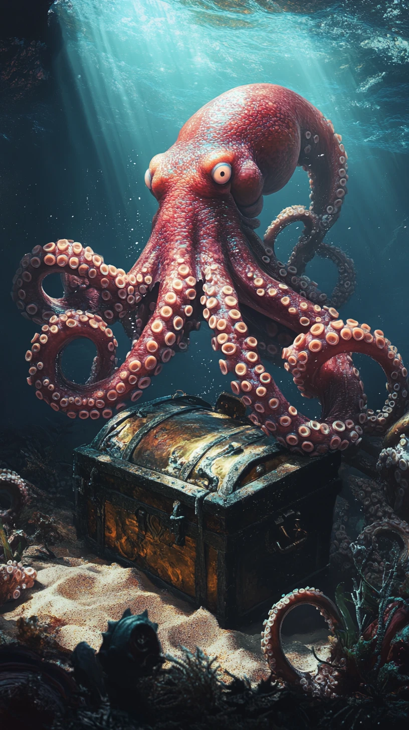 Giant octopus tentacle guarding a barnacled treasure chest