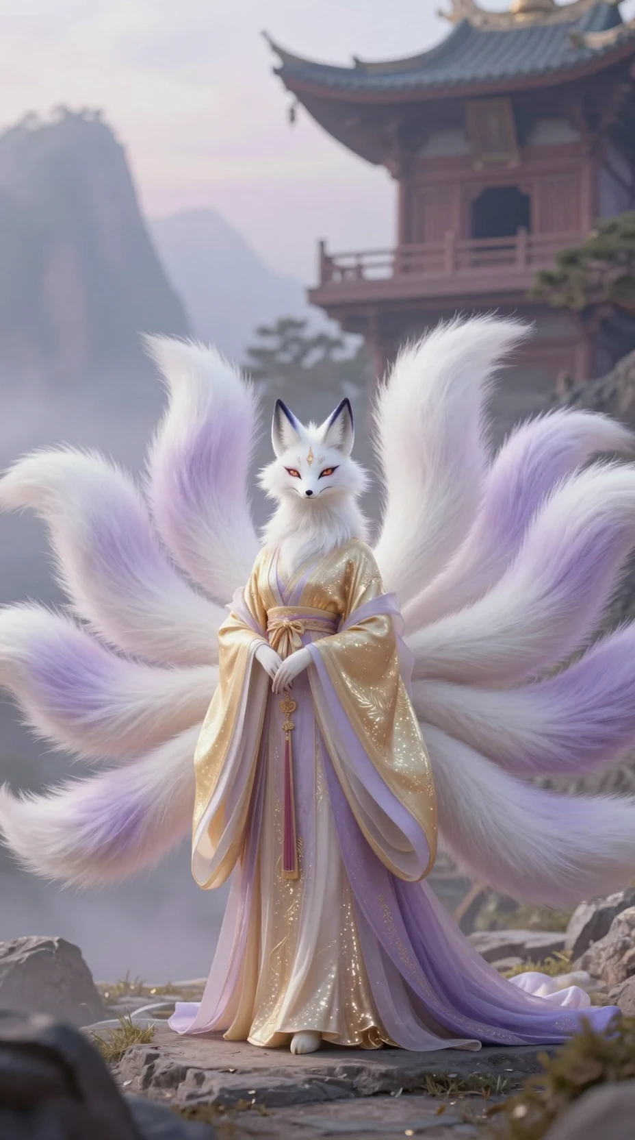 Divinité renard à neuf queues dans un temple de montagne serein