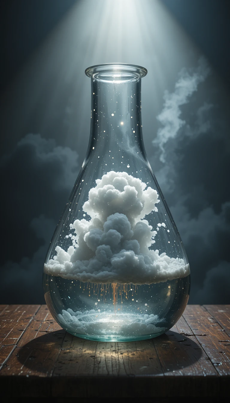 Glaskolben mit einem Miniatur-Gewitter auf einem Holztisch