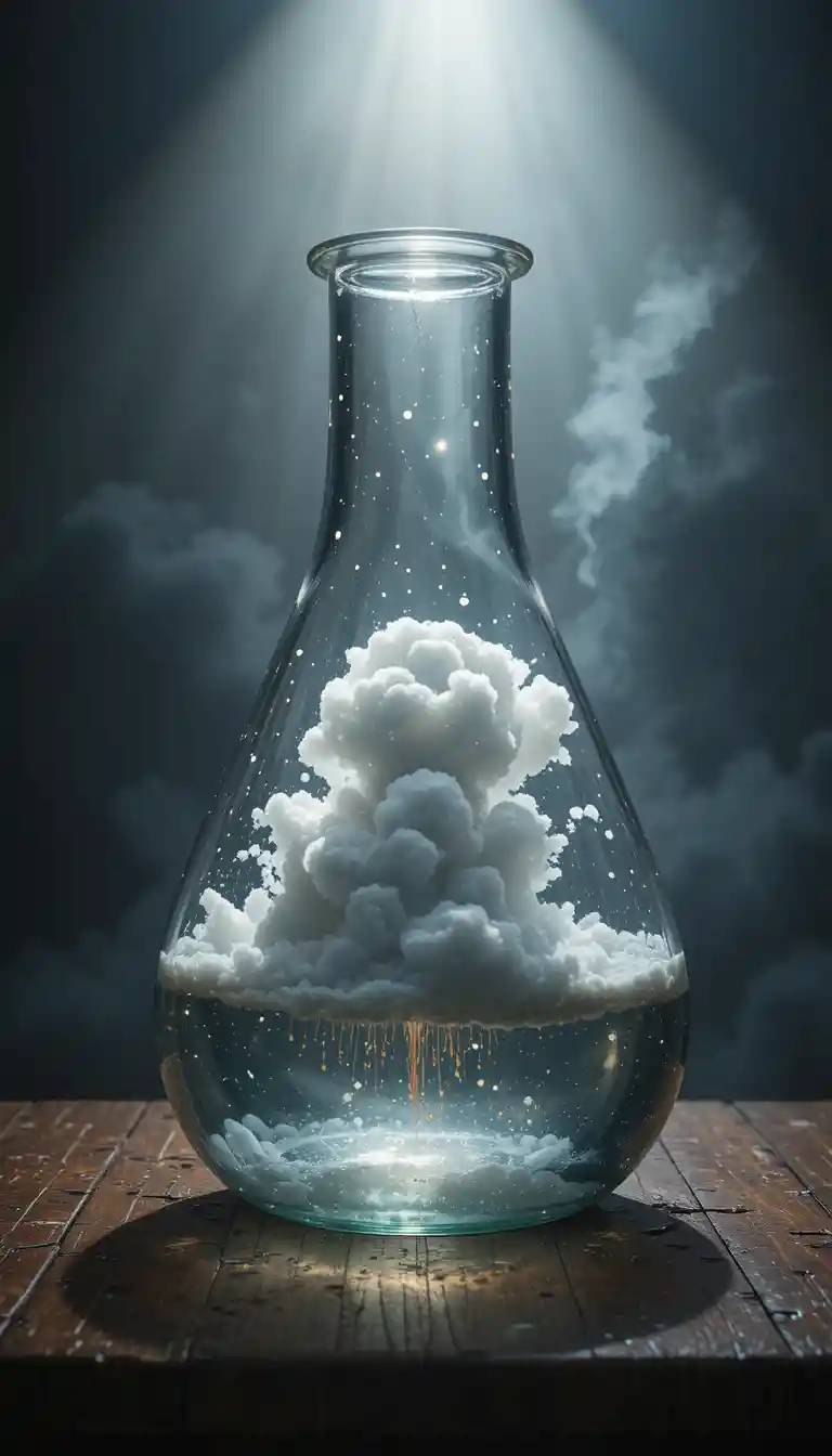 Glaskolben mit einem Miniatur-Gewitter auf einem Holztisch