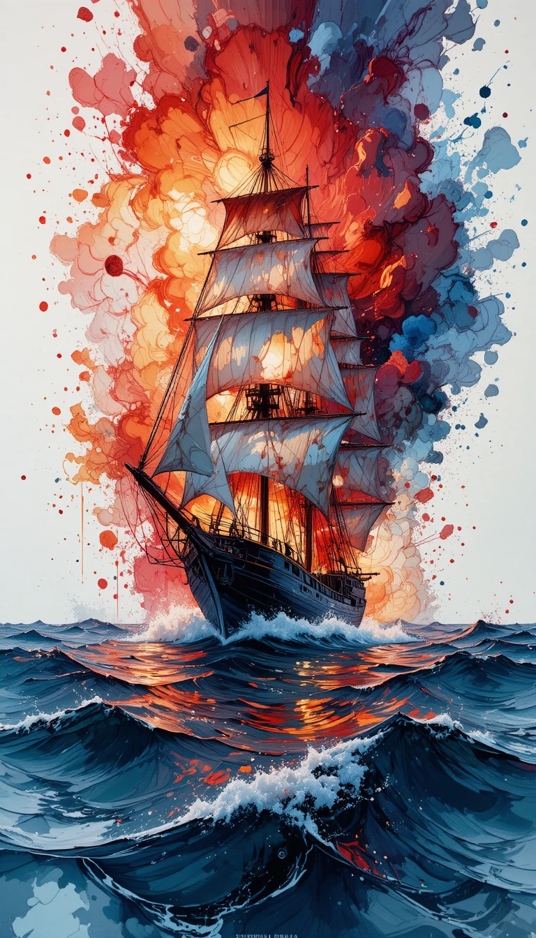 Pintura em close de um navio à vela à noite no mar