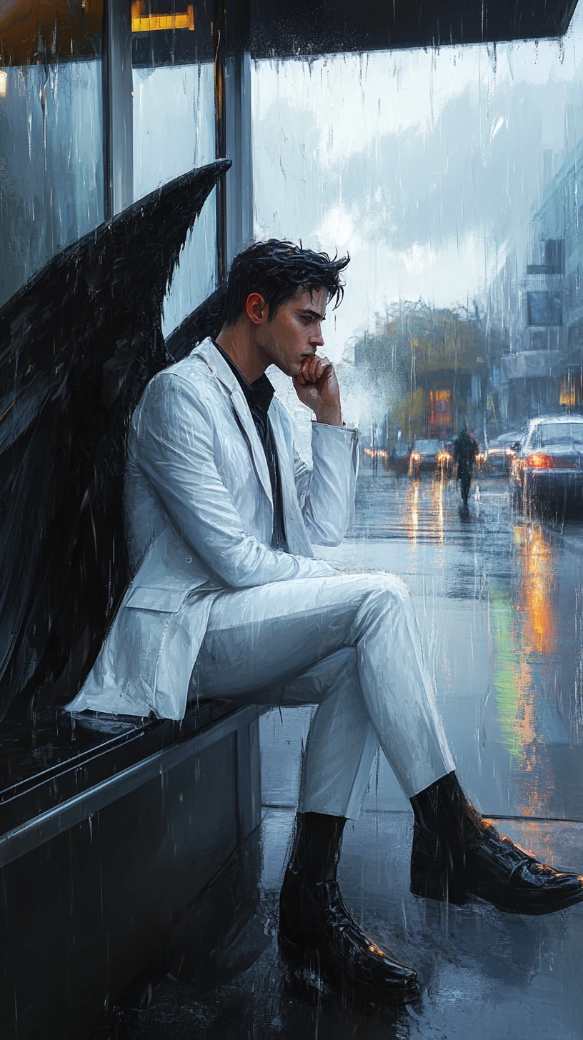 Anjo pensativo em um banco de ponto de ônibus na chuva