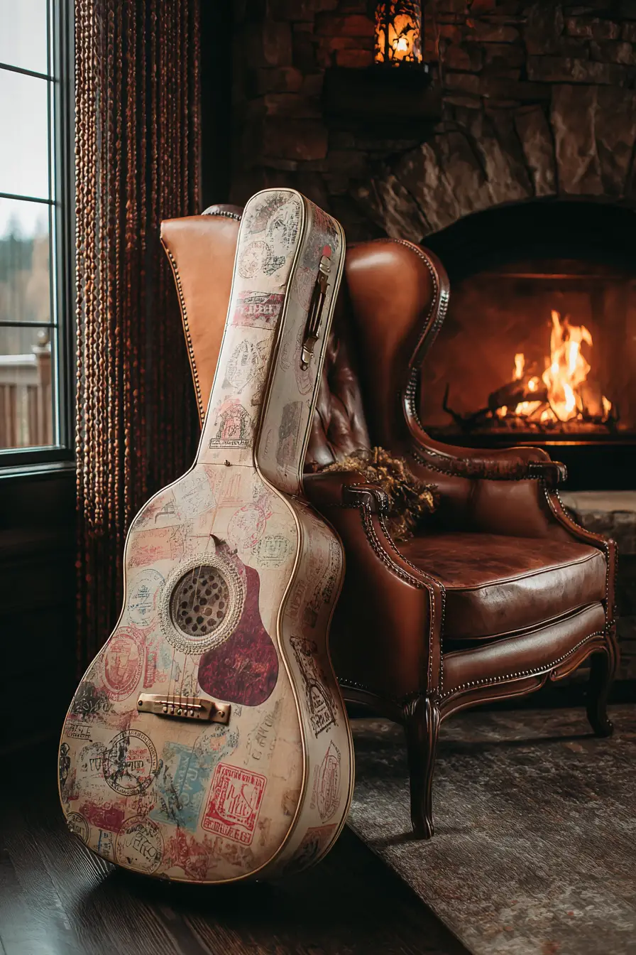 Valigia a forma di chitarra accanto a poltrona in pelle in una calda stanza di campagna