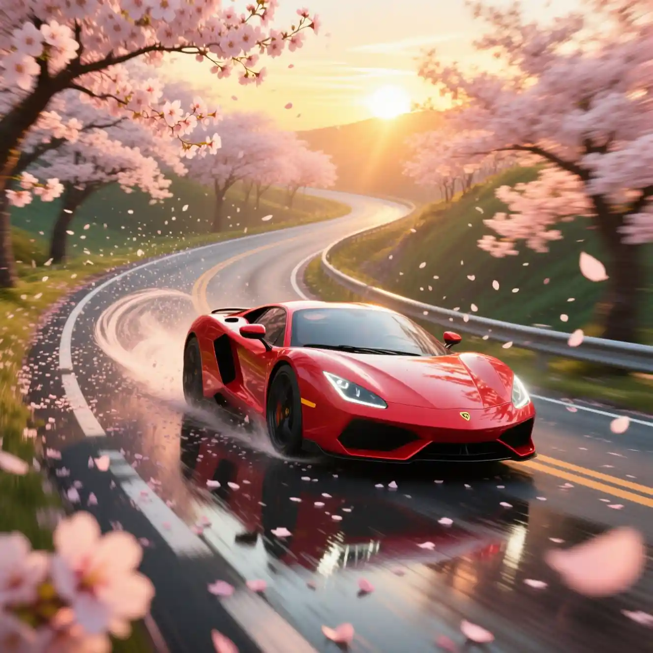 Red supercar racing along a cherry blossom mountain road