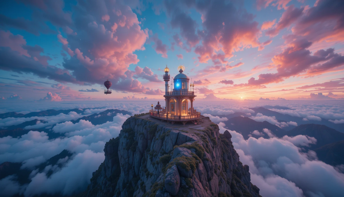Pastel hot air balloon journey floating across a bright sky
