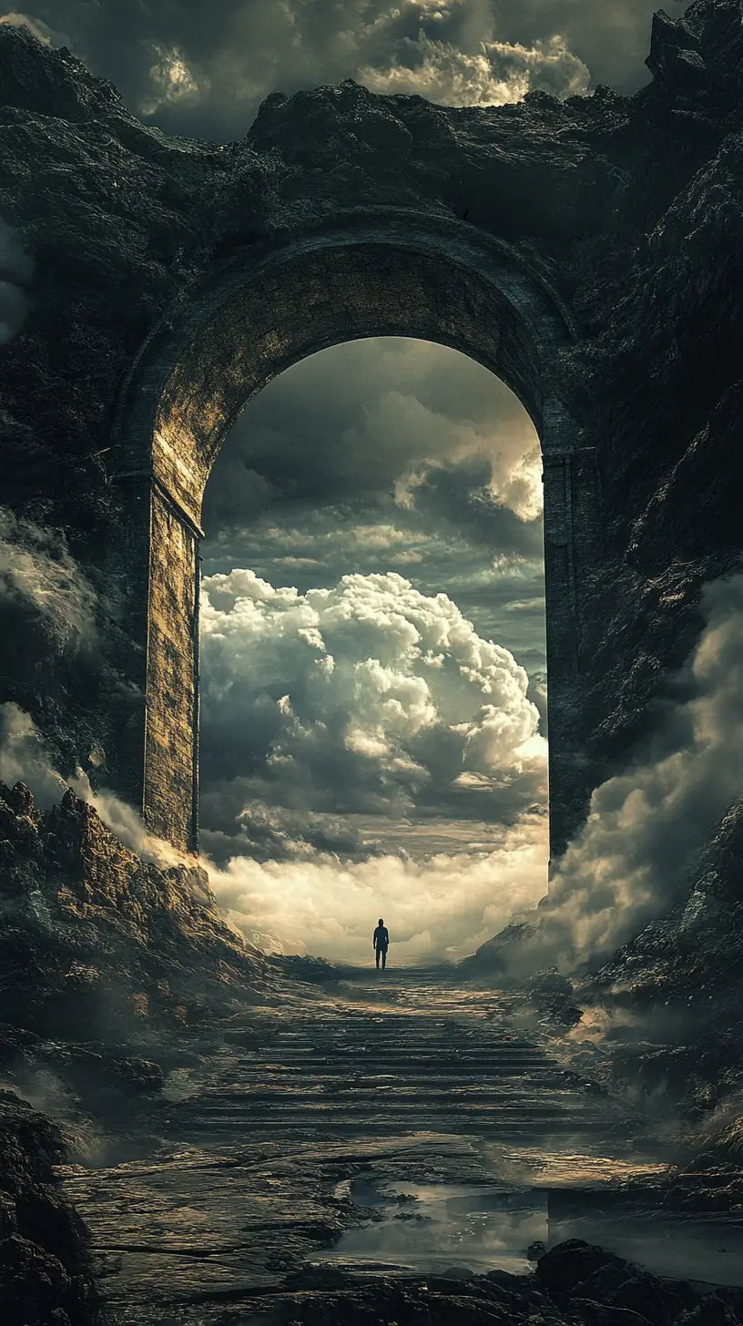 Surreal Landscape With Archway And Lone Figure