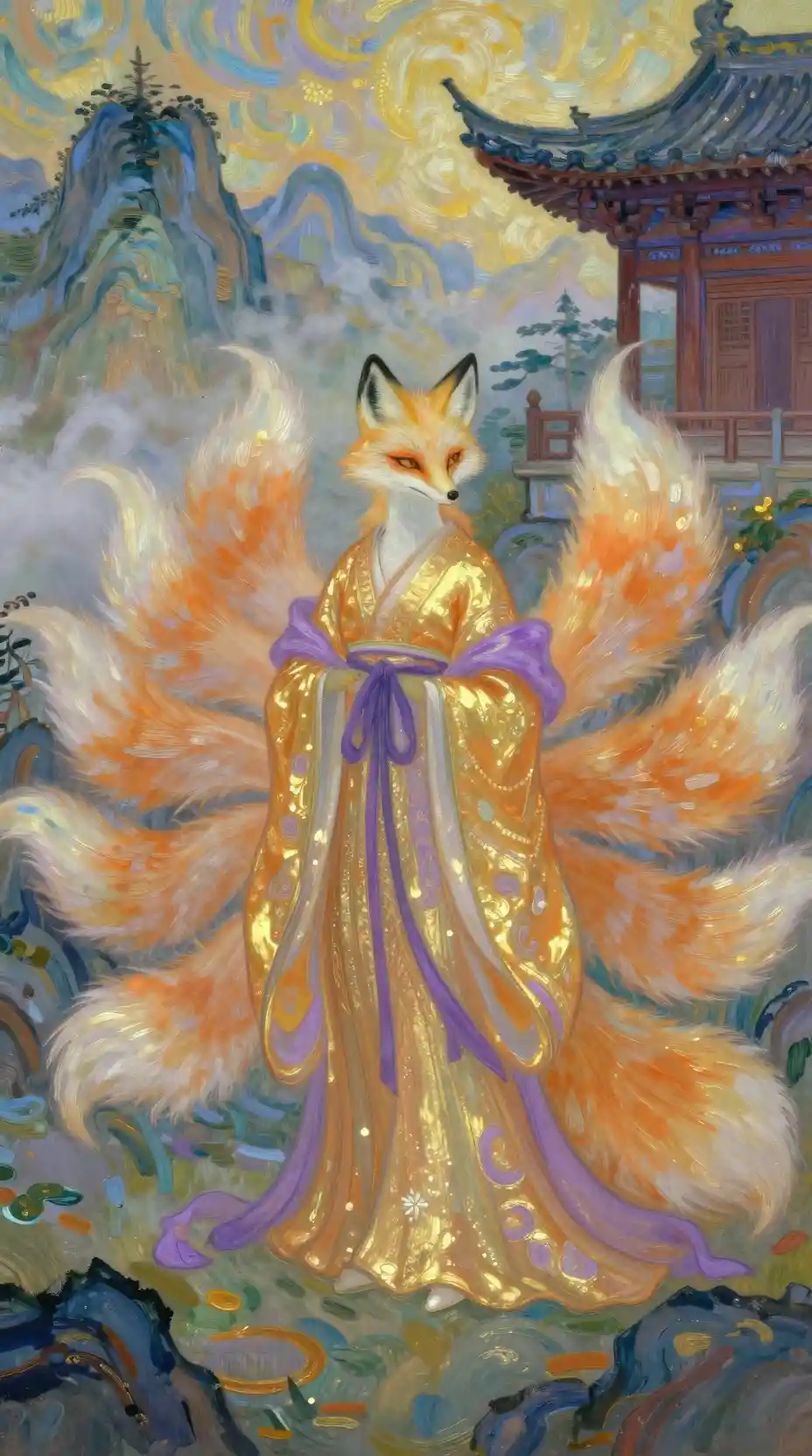 Mystical nine tailed fox deity in mountain temple