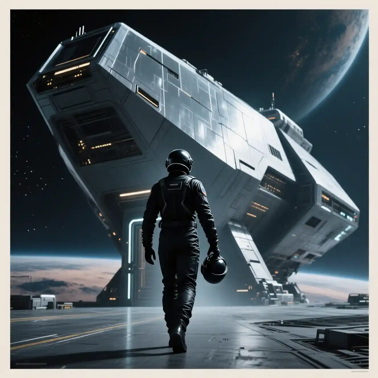 Lone pilot walking toward a massive spaceship in darkness