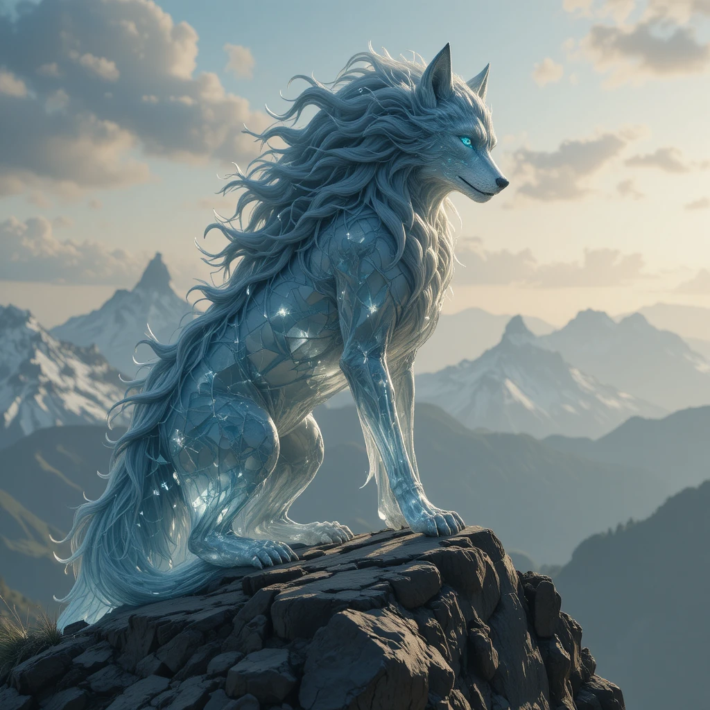 Lobo mítico de sete caudas no topo de uma alta montanha
