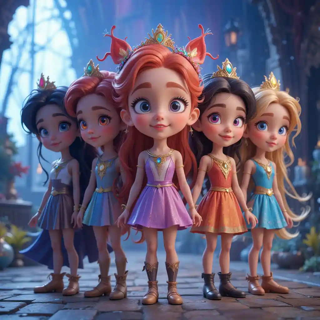 Cinq personnages de fantasy 3D colorés dans un monde magique