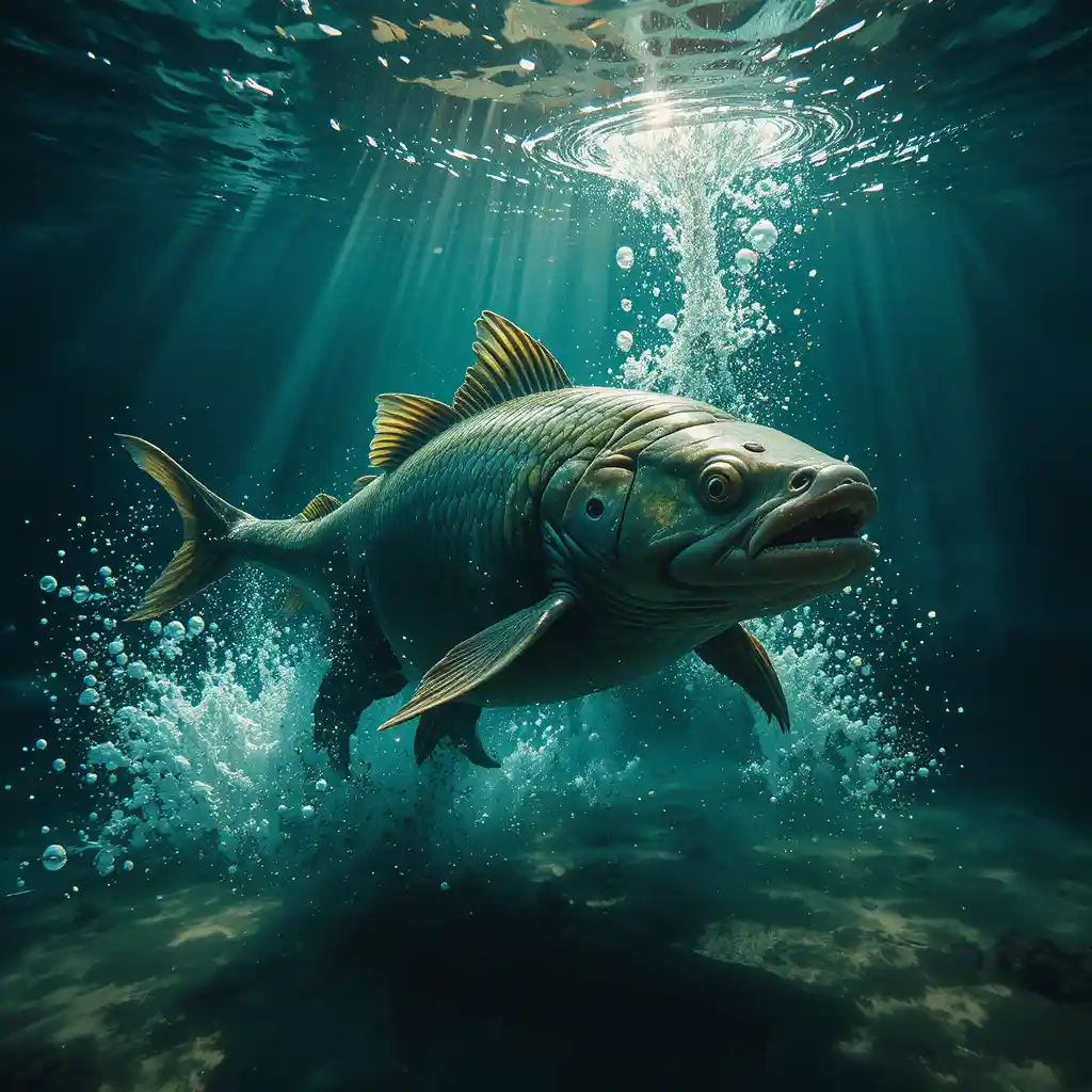 Underwater jaguar diving in a river to catch a silver fish