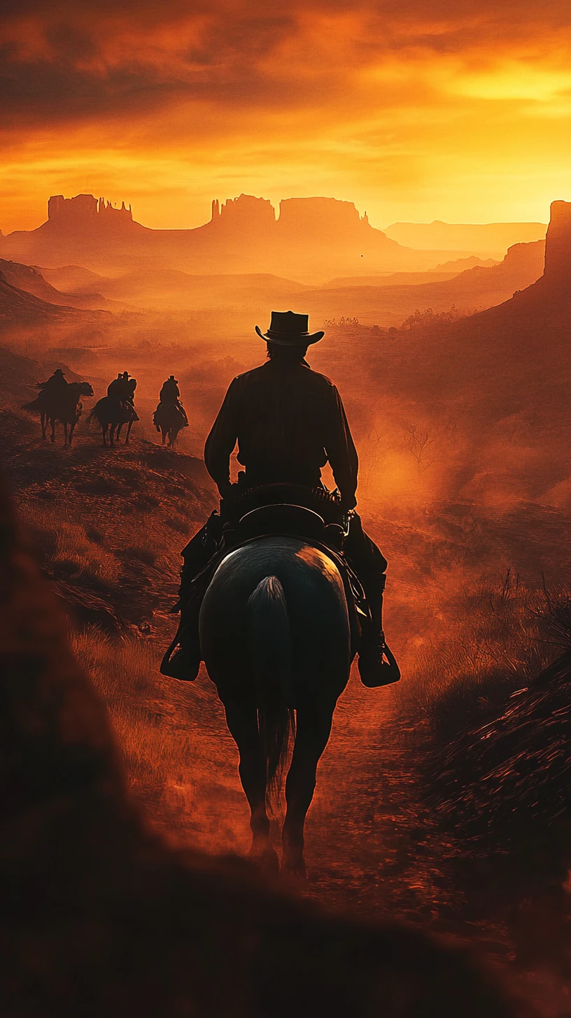 Cowboy a cavallo che attraversa un canyon polveroso al tramonto