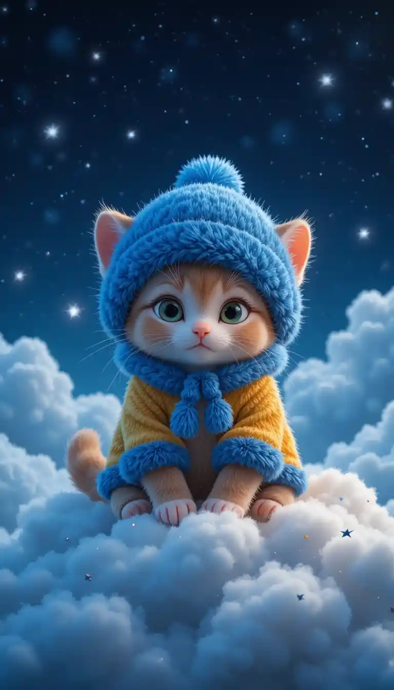 Cute kitten in fur clothes sitting on a glowing cloud