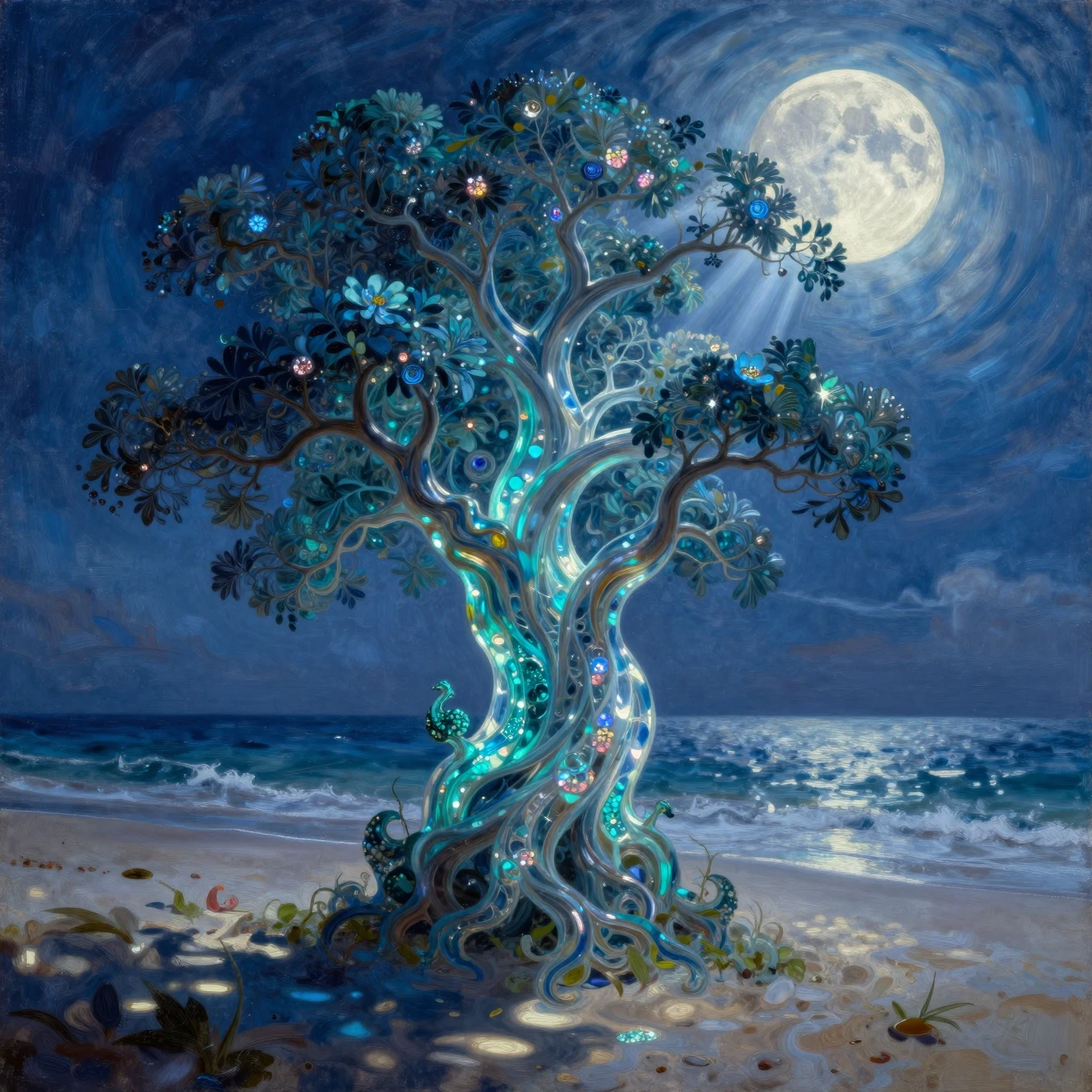 Paesaggio marino fantastico al chiaro di luna con alberi e fiori vorticosi