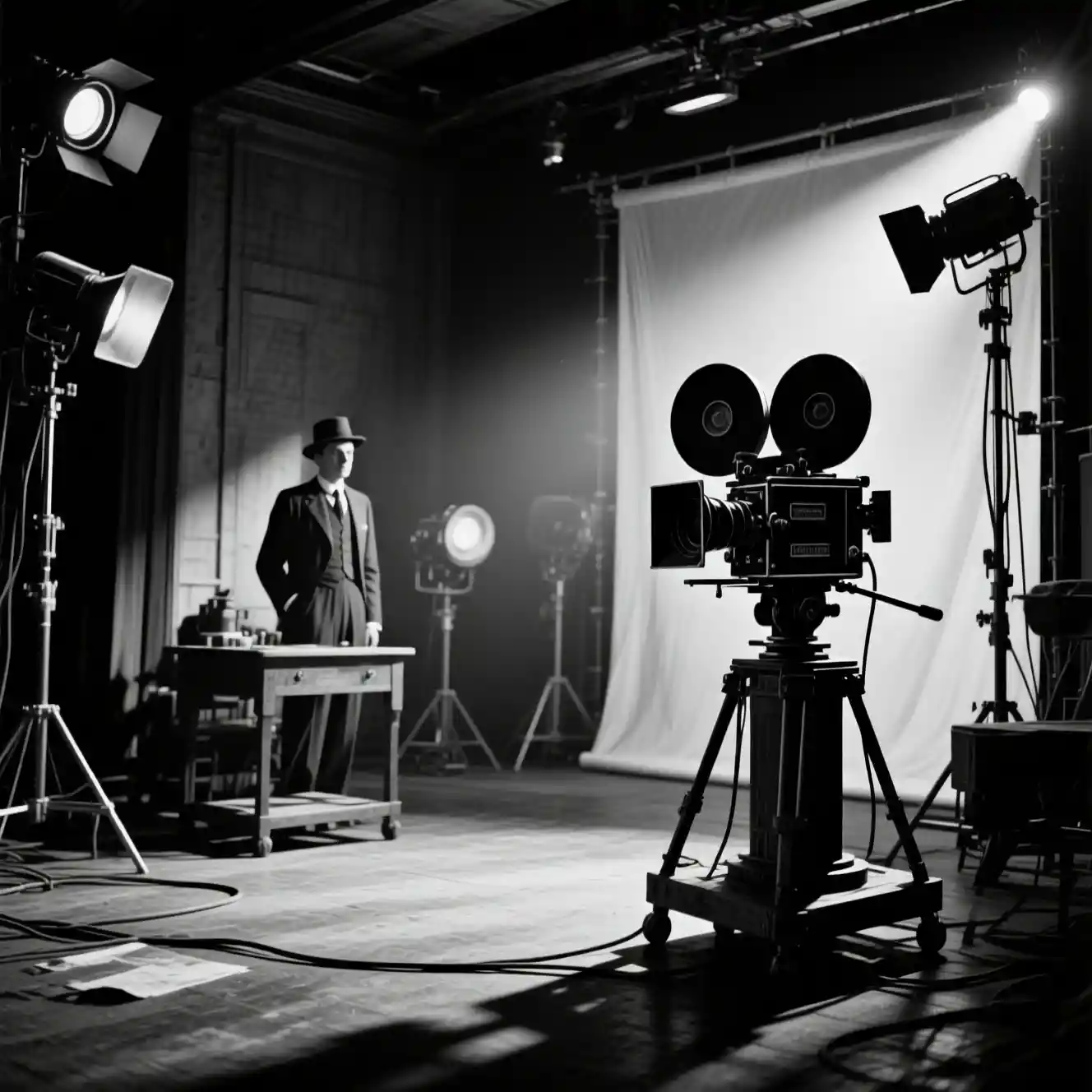 Studio de cinéma vintage en noir et blanc avec ambiance de l’ère du muet des années 1890