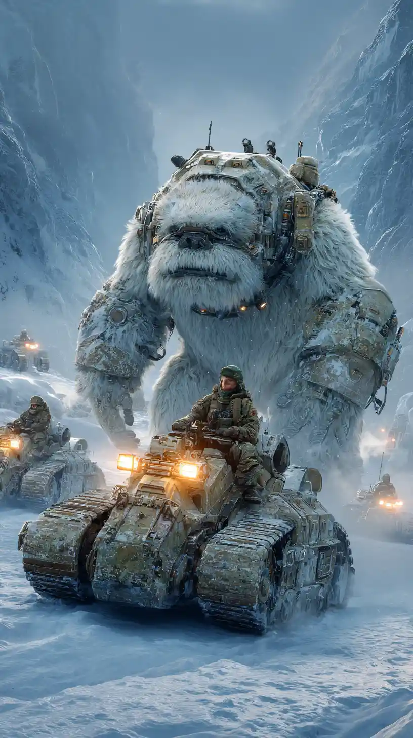 Yeti cibernético blindado com soldados em guerra nas montanhas nevadas