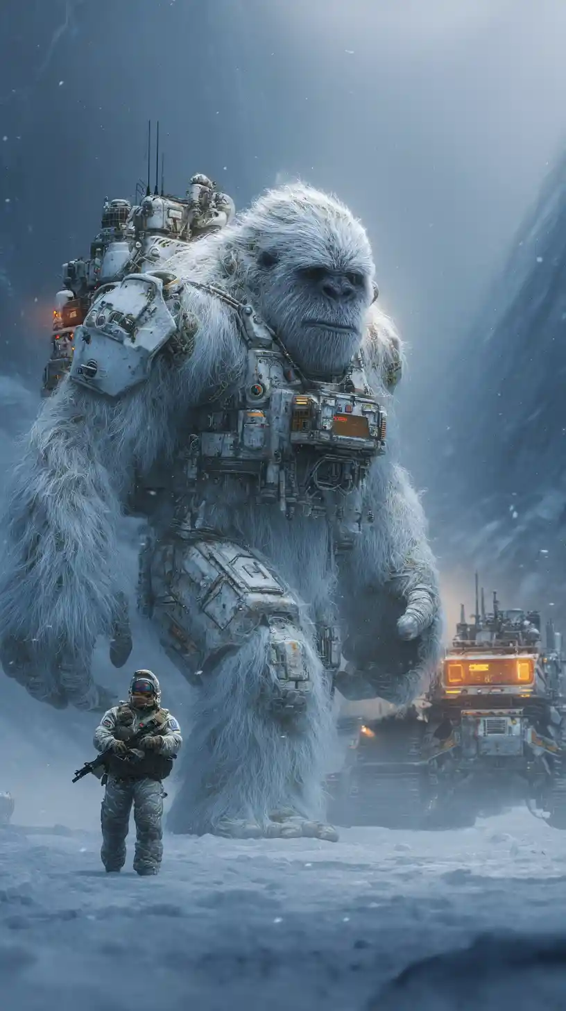 Yeti branco cibernético em close nas montanhas nevadas