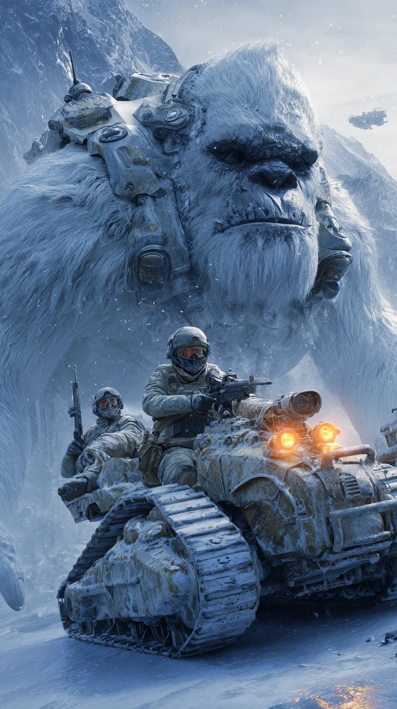 Yeti branco blindado perseguido por soldados em montanhas nevadas