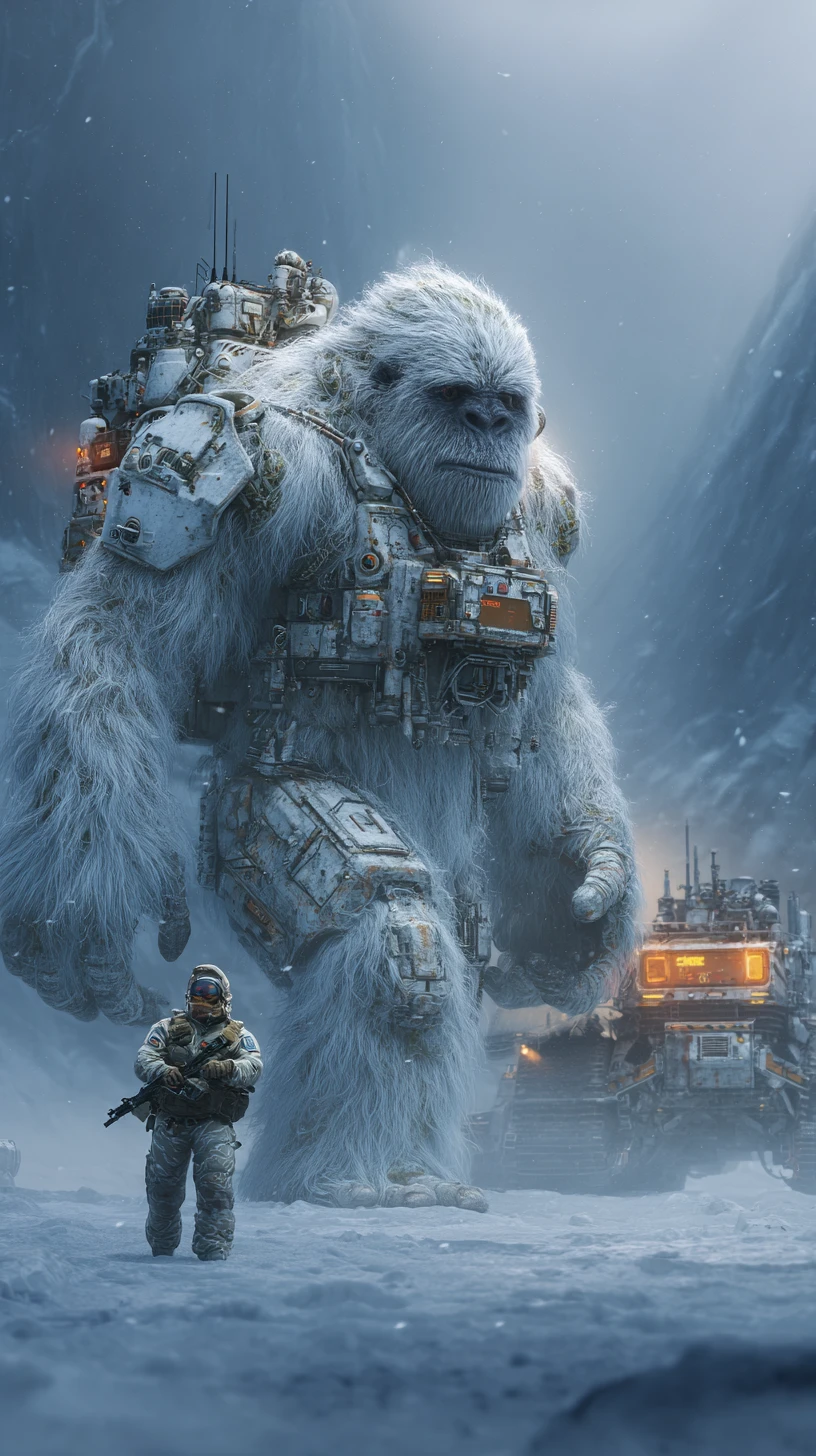 Yeti branco cibernético em close nas montanhas nevadas