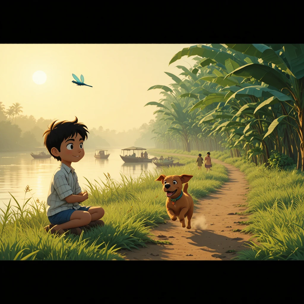 Boy and dog at sunrise on a tranquil riverside bank
