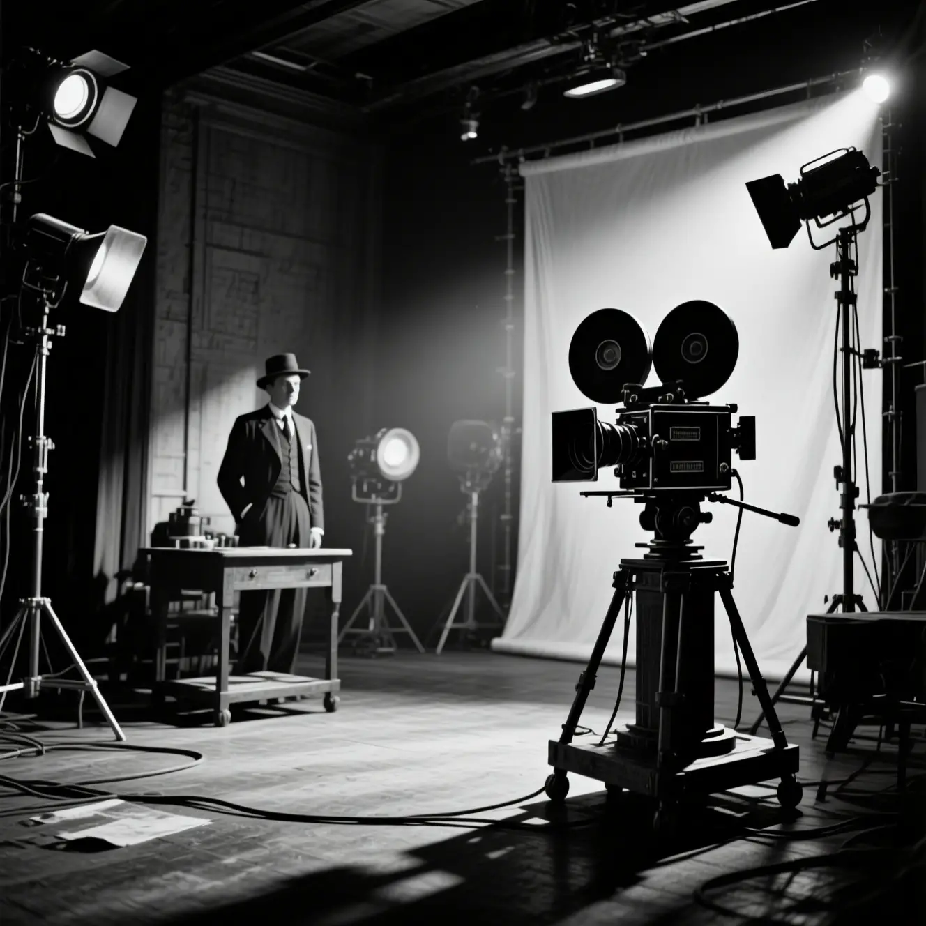 Studio de cinéma vintage en noir et blanc avec ambiance de l’ère du muet des années 1890