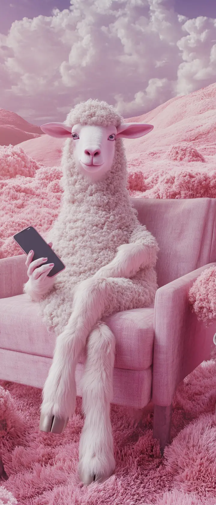 Vermenschlichtes Schaf, das auf einem Sofa in pinken surrealen Hügeln entspannt
