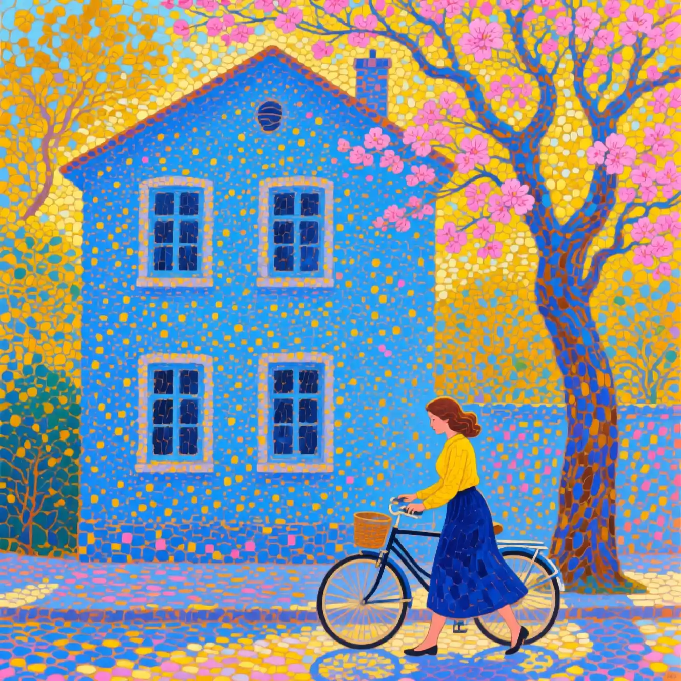 Donna formosa che cammina con la sua bicicletta accanto a una casa blu