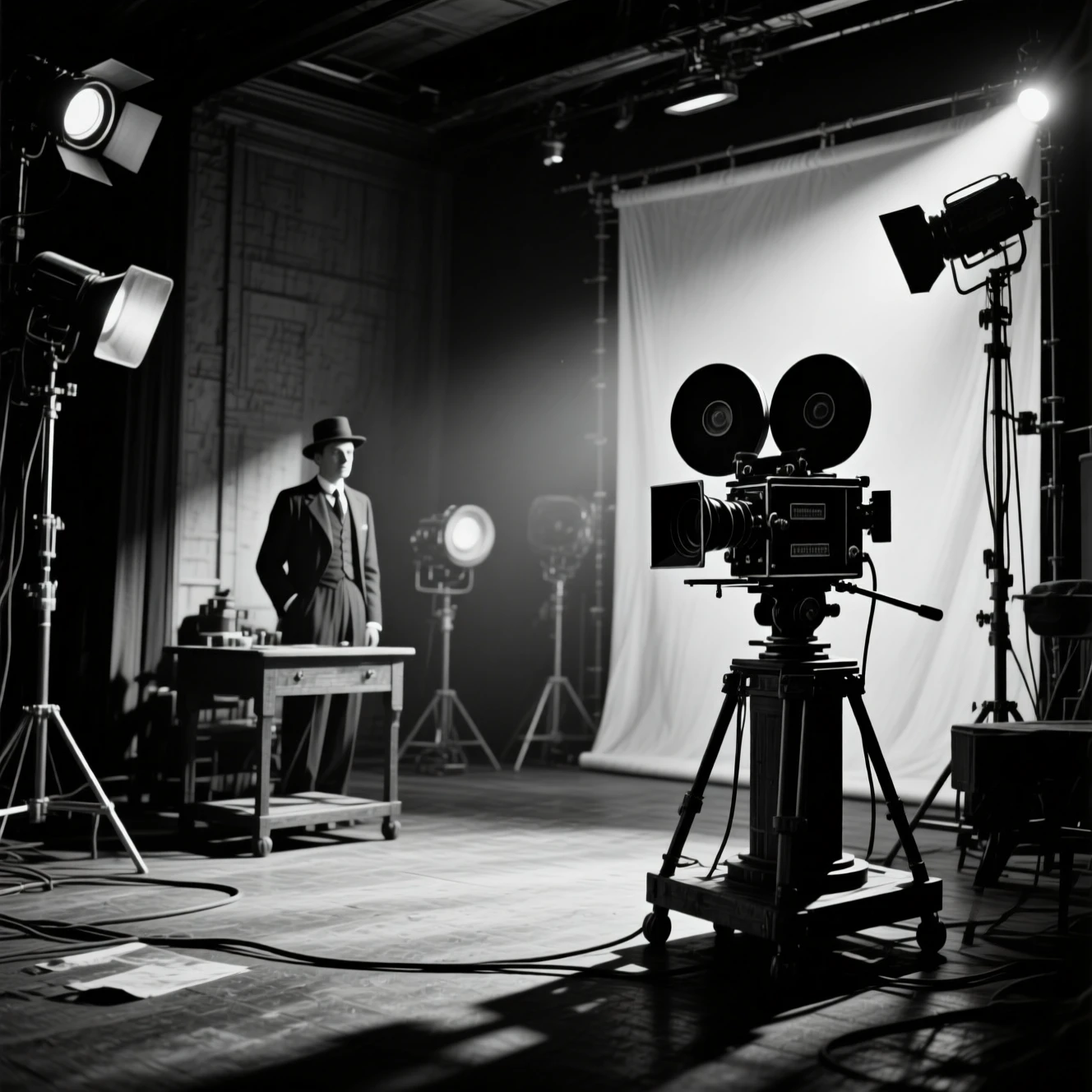 Studio de cinéma vintage en noir et blanc avec ambiance de l’ère du muet des années 1890